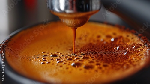 Close-up of a perfectly brewed espresso, showcasing the crema and the richness of the coffee. Perfectly brewed espresso, crema, richness. AI generated image photo
