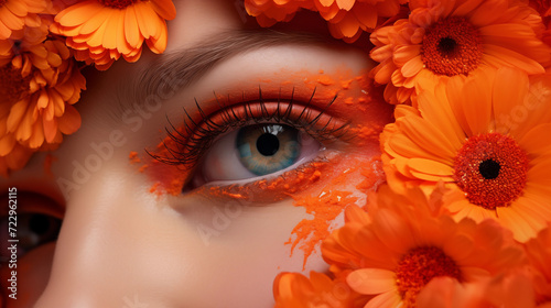 Mulher branca com maquiagem laranja e flores no rosto - Close up photo