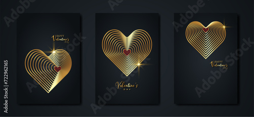Happy Valentines day vector set greeting card. Gold hearts on black background. Holiday poster with gold text, jewels. Concept for Valentine banner, flyer, party invitation, jewelry gift shop