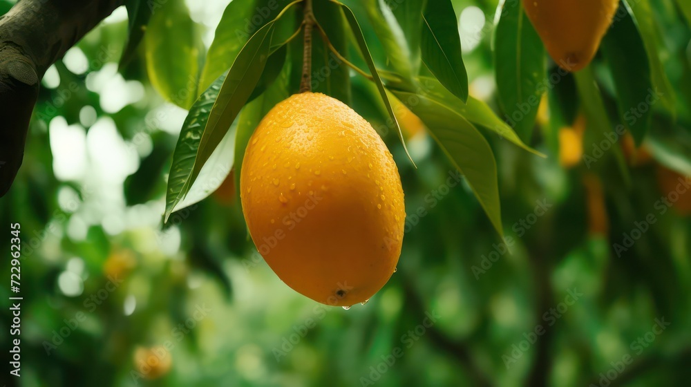 Organic ripe indian mangoes on trees, Exotic tropical summer season Himshagor Alphonso mangoes