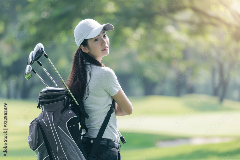 Professional woman golf player choosing the golf club from the bag