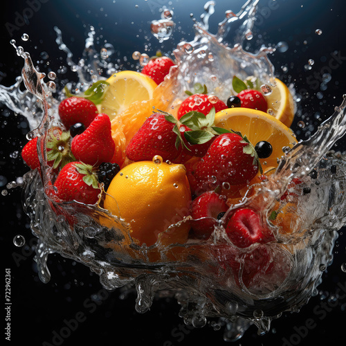 Fruity Eruption  Splash of Freshness as Fruits Dive into Water