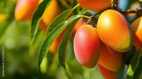 Organic ripe indian mangoes on trees, Exotic tropical summer season Himshagor Alphonso mangoes photo