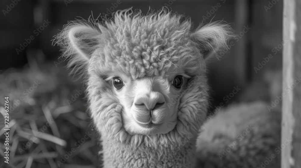 Fototapeta premium Fluffy Alpacas, Delightful shot of fluffy alpacas with expressive eyes, radiating charm and gentleness.