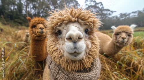 Fluffy Alpacas, Delightful shot of fluffy alpacas with expressive eyes, radiating charm and gentleness.