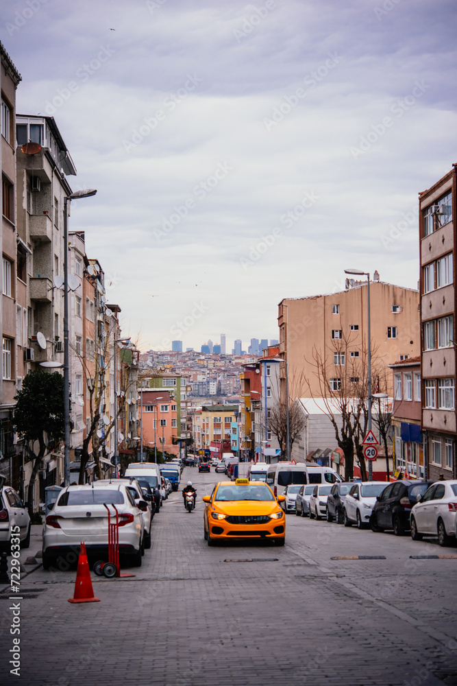 Taxi rides in a residential part of Fatih district in Istanbul, Turkey.