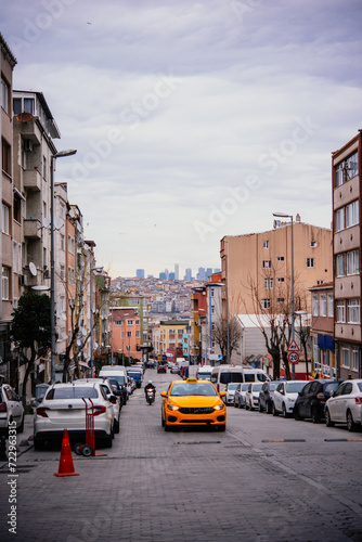 Taxi rides in a residential part of Fatih district in Istanbul, Turkey. © FornStudio
