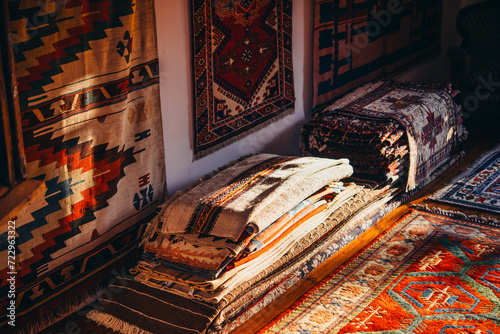 Traditional turkish carpets on sale in a store in Kas, Turkey. photo