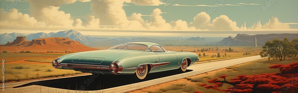 Naklejka premium Vintage Roadtrip: Classic Car on the Open Highway