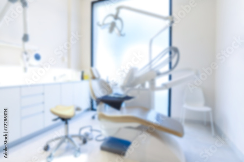 Blurred dental clinic background. Defocused interior of modern dental office. Beautiful dental cabine