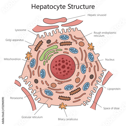 Human hepatocyte liver cell structure diagram hand drawn schematic raster illustration. Medical science educational illustration photo