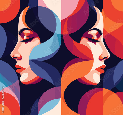 Modern abstract artwork of the women faces in geometric shapes flat design, female beautiful concept, for posters and web design, vector illustration, generative ai