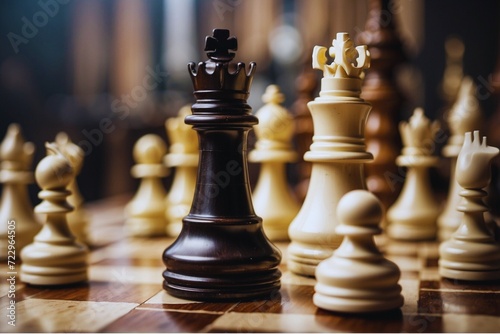 a white chess king met the black chess king. white chess king had defeated the black chess king.power conflicts concept.