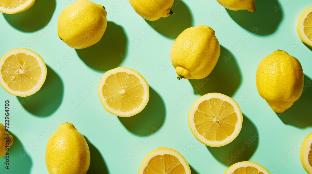Trendy bright lemon pattern. Pastel green background. Minimalist summer food concept. Generative AI