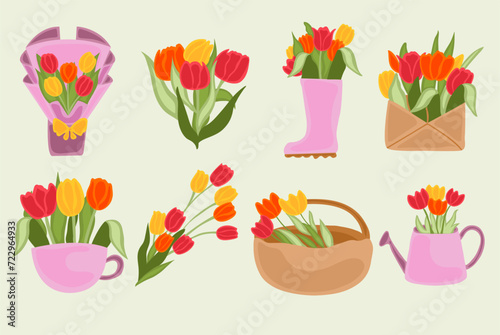 Set with tulips flowers. Spring plants. Spring flower. Red, yellow, orange. For design of postcards, patterns, etc