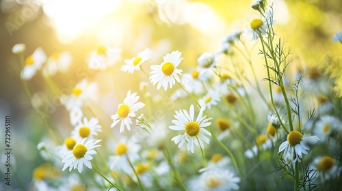 Beautiful wild chamomile flowers in nature outdoors