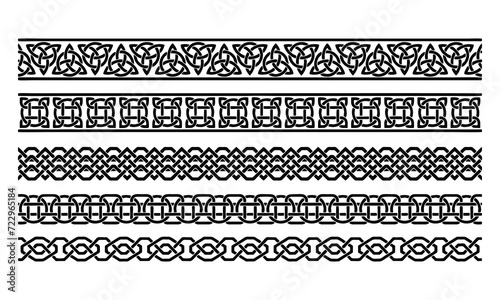 Celtic vector semaless border pattern collection, Irish braided frame designs for greeting cards, St Patrick's Day celebration. Retro Celtic collection of braided ornaments in black and white photo