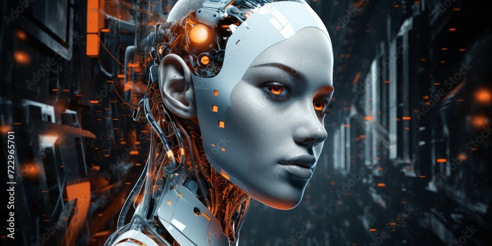 Woman with a a digital head futuristic robot