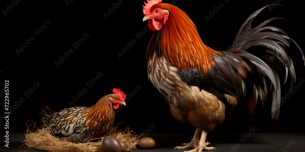 Chicken Studio Shot Isolated on Clear Black Background ,Beautiful cock on a black background