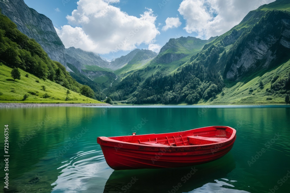 Red boat on a lake among magnificent mountains. The concept of vacation, travel, tourism.
