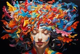 Woman's head covered in colorful puzzle pieces
