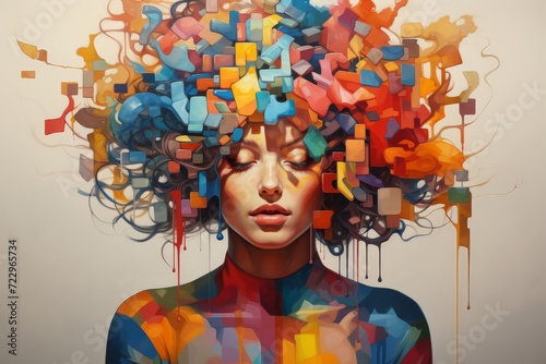 Woman's head covered in colorful puzzle pieces