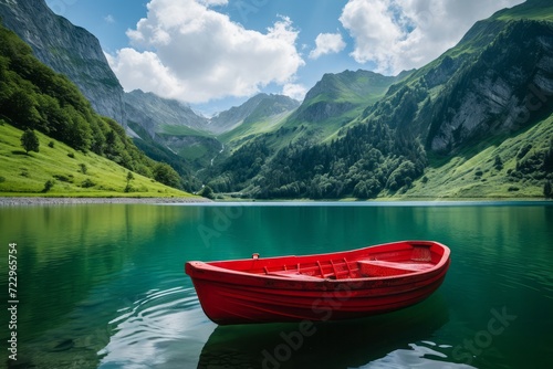 Red boat on a lake among magnificent mountains. The concept of vacation, travel, tourism. 