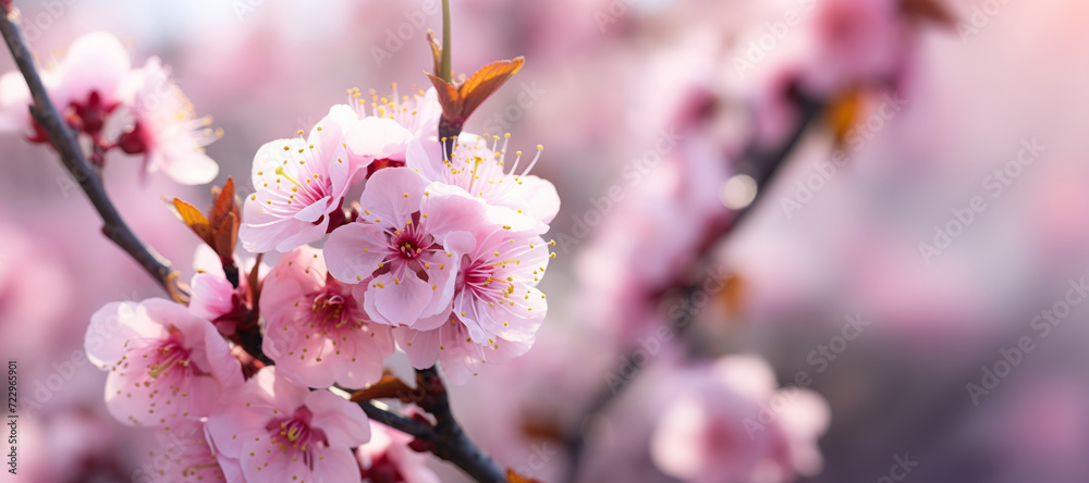 Delicate blooming twig on a blurred pink background. banner
