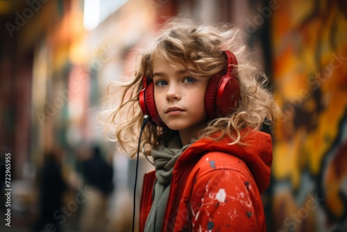 a young girl wearing headphones and watching the graffiti behind her