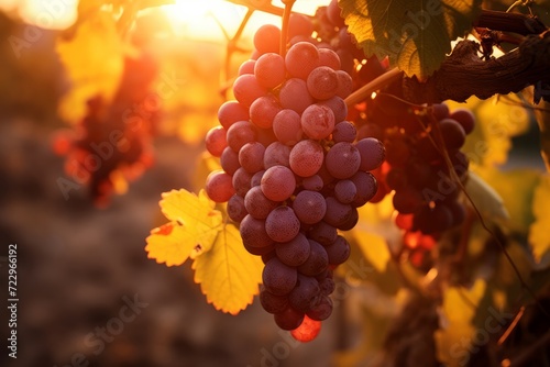 A bunch of red grapes illuminated by the sun. The concept of development of viticulture and winemaking.
