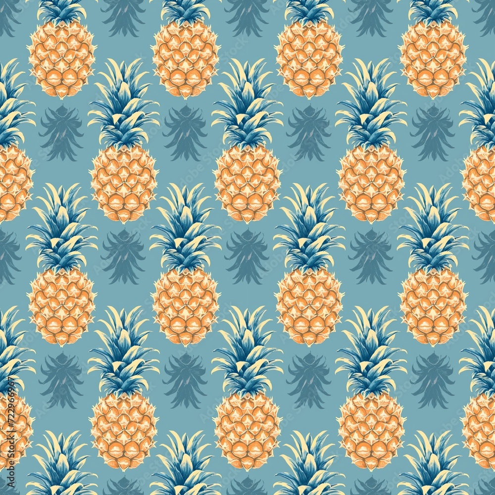 pineapple and leaf ornament on a blue background, in the style of highly detailed backgrounds, vintage graphic design, muted, pastel tones, seamless pattern for printing on fabric, printed products pineapple and leaf ornament on a blue background, in the style of highly detailed backgrounds, vintage graphic design, muted, pastel tones, seamless pattern for printing on fabric, printed products