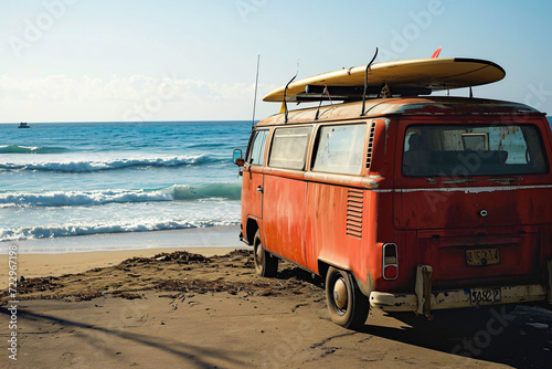a van with a surfboard on top on the beach