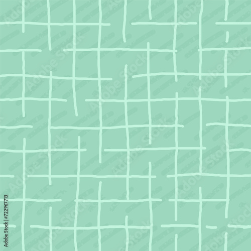 green, pale background with brush texture effect, weave plaid style fine broken lines. Irregular check repeat pattern. Square diagonal shape, grunge noise texture, distortion.