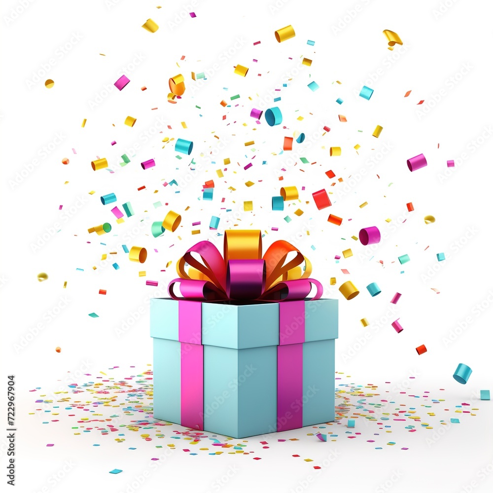 Colorful Gift Box With Red Ribbon And Exploding Confetti Celebration Concept Colorful Gift Box With Red Ribbon And Exploding Confetti Celebration Concept