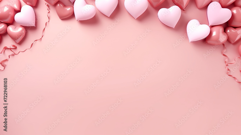 Valentine's Day banner with blank space for text top view light pink background hearts balloons and love background concept