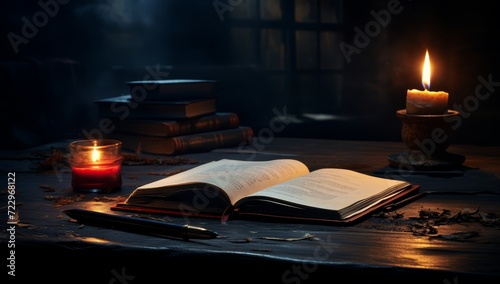 Dark background with book sitting old table with a candle