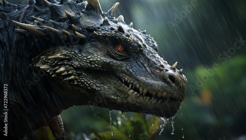 dinosaur dragon rain walking though rainy jungle