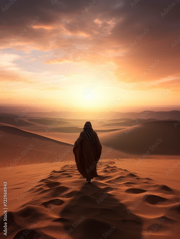 a Muslim man wearing a robe walking on the vast desert seen from behind, Afternoon, Sunset Light - generative ai