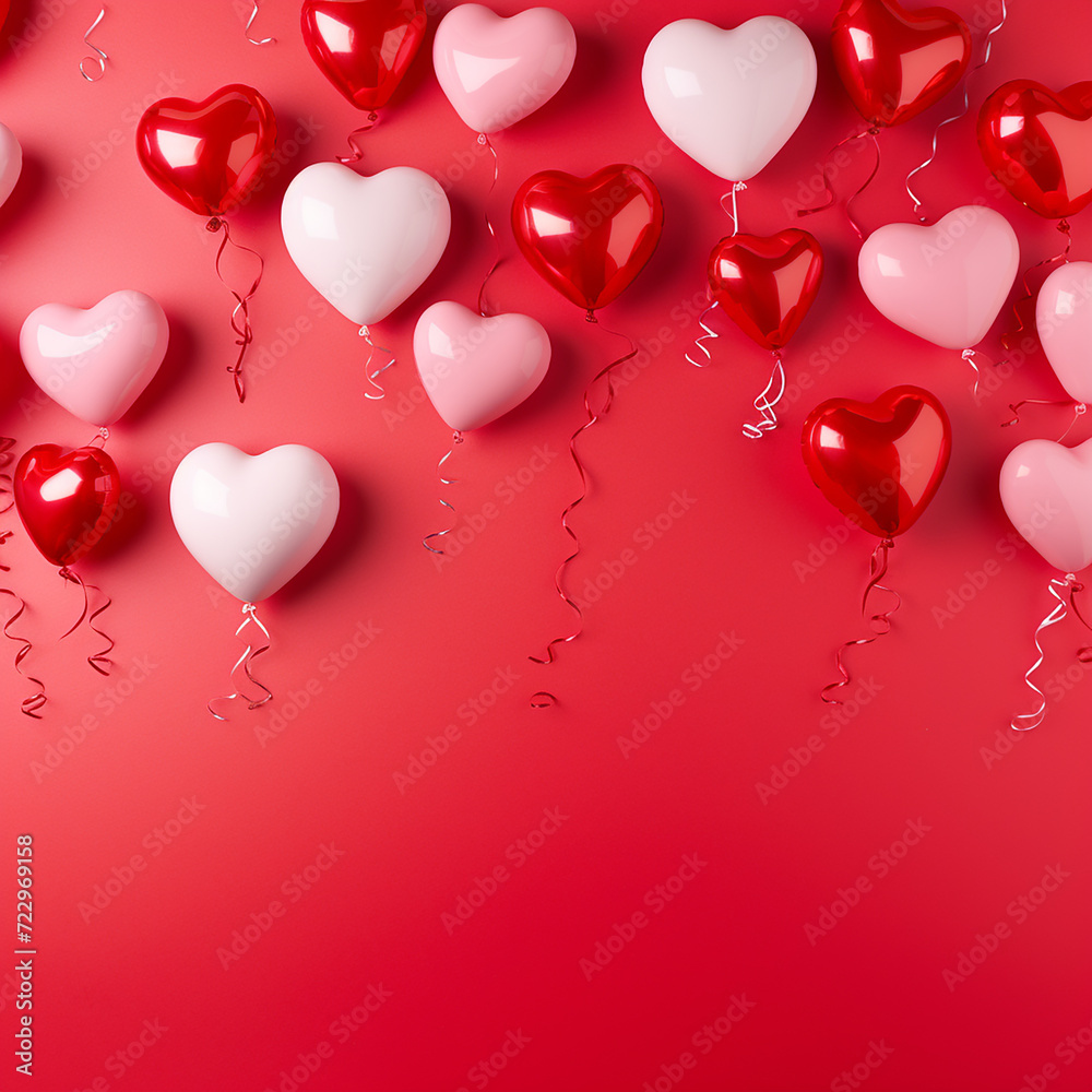 Valentine's Day banner with blank space for text top view red background, small hearts, hearts balloons, and love background concept