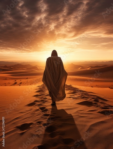 a Muslim man wearing a robe walking on the vast desert seen from behind, Afternoon, Sunset Light - generative ai