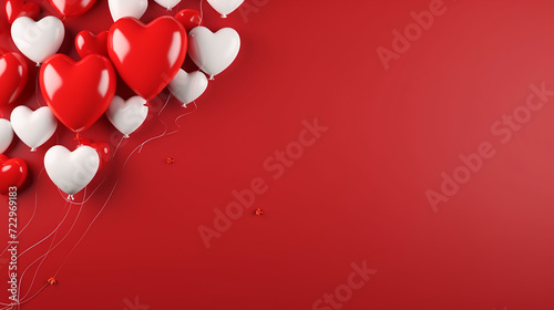Valentine's Day banner with blank space for text top view red background, small hearts, hearts balloons, and love background concept