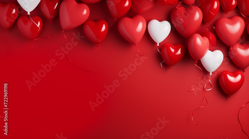 Valentine's Day banner with blank space for text top view red background, small hearts, hearts balloons, and love background concept