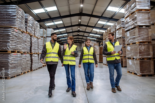 Full team of warehouse employees walking in warehouse. Team of workers in reflective clothing in modern industrial factory, heavy industry, manufactrury.