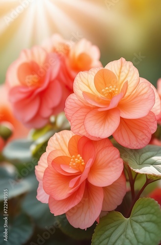 Realistic watercolor illustration of begonia flowers. Colorful, tender plant with big petals and buds in pink and orange, isolated on white