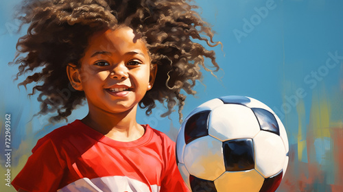 Little girl plays football. Football field and portrait with soccer ball. Teen Youth Soccer. Smiling girl holding soccer ball