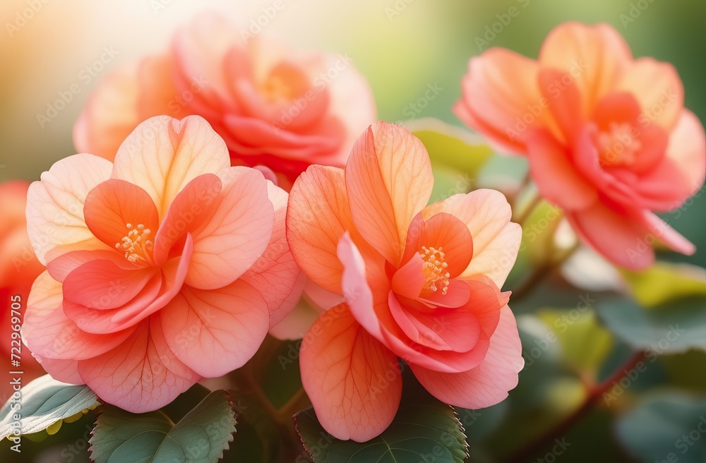 Fototapeta premium Realistic watercolor illustration of begonia flowers. Colorful, tender plant with big petals and buds in pink and orange, isolated on white