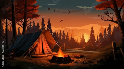 Tourist camp with fire tent and firewood
