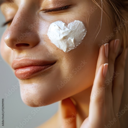 Woman applying cream to her face, concept of self-love and care. Generative AI