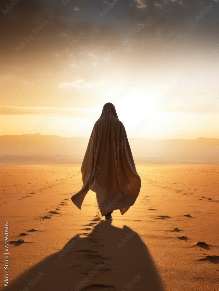 a Muslim man wearing a robe walking on the vast desert seen from behind, Afternoon, Sunset Light - generative ai a Muslim man wearing a robe walking on the vast desert seen from behind, Afternoon, Sunset Light - generative ai