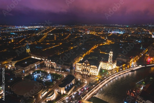 City Lights Dancing in Midnight Splendor: A Captivating Aerial View of Oradea, Bihor, Romania